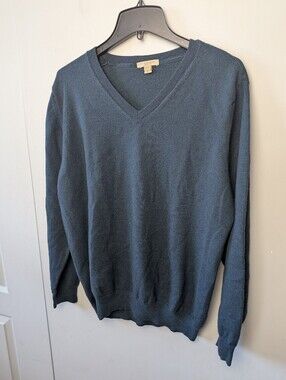 BURBERRY BRIT Men V Neck Sweater Size XL 100% Extra Fine Merino Wool Blue Green